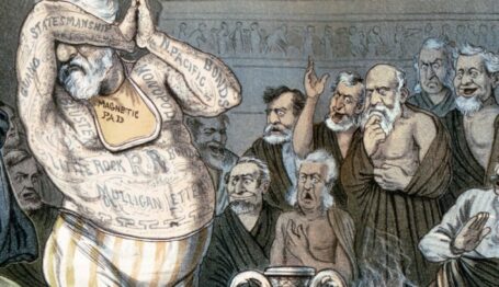 Detail of an 1884 Puck cartoon depicting reform-minded Mugwumps ridiculing and recoiling from James G. Blaine, the GOP presidential candidate whom they saw as tattooed with corruption.